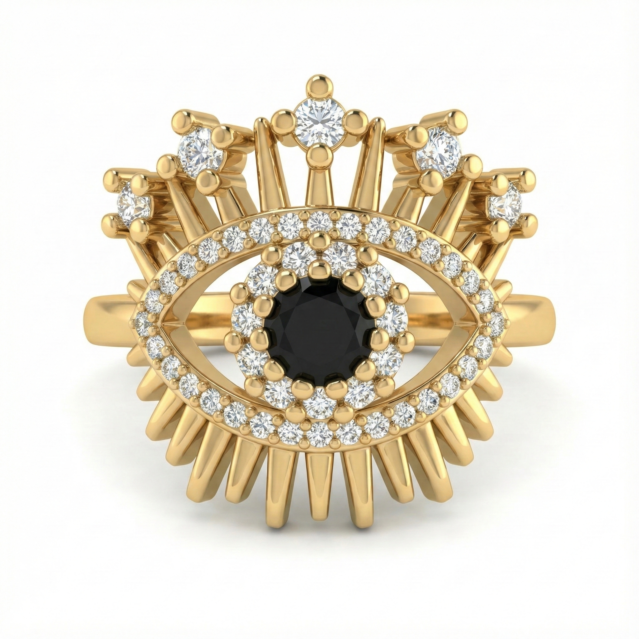 bague acier inoxydable doré œil protecteur strass noir vue large